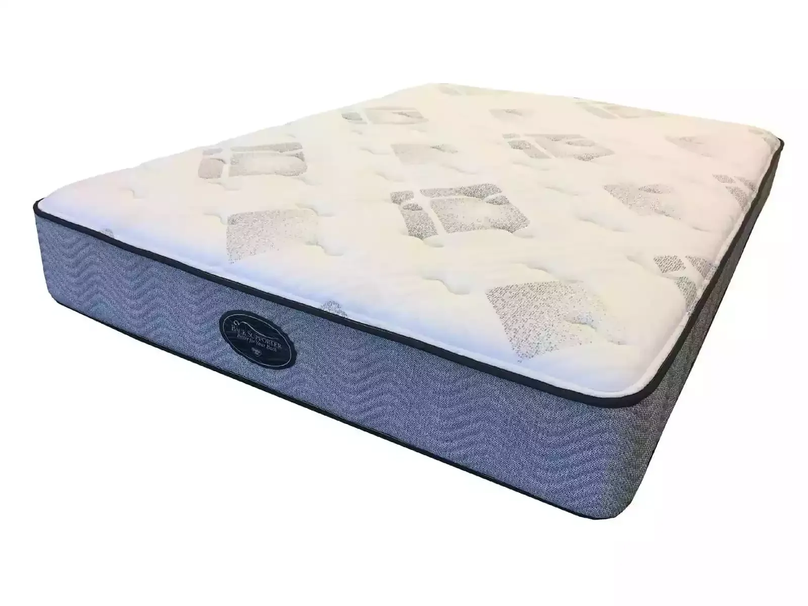 A mattress is sitting on top of a bed on a white background.