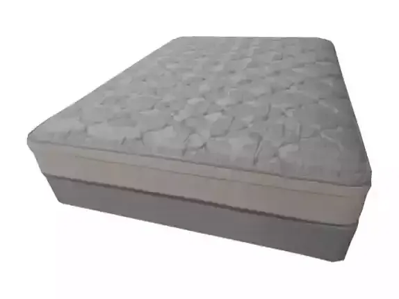 A mattress is sitting on top of a bed frame on a white background.