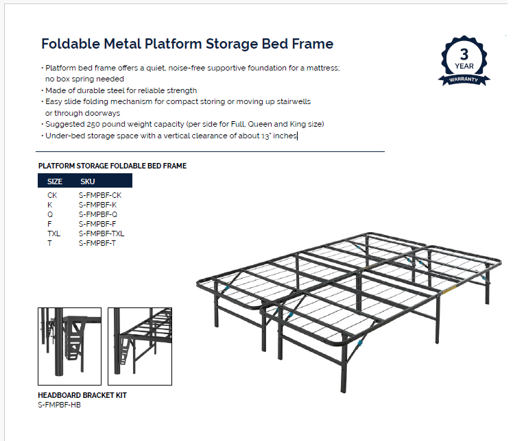 A picture of a foldable metal platform storage bed frame.