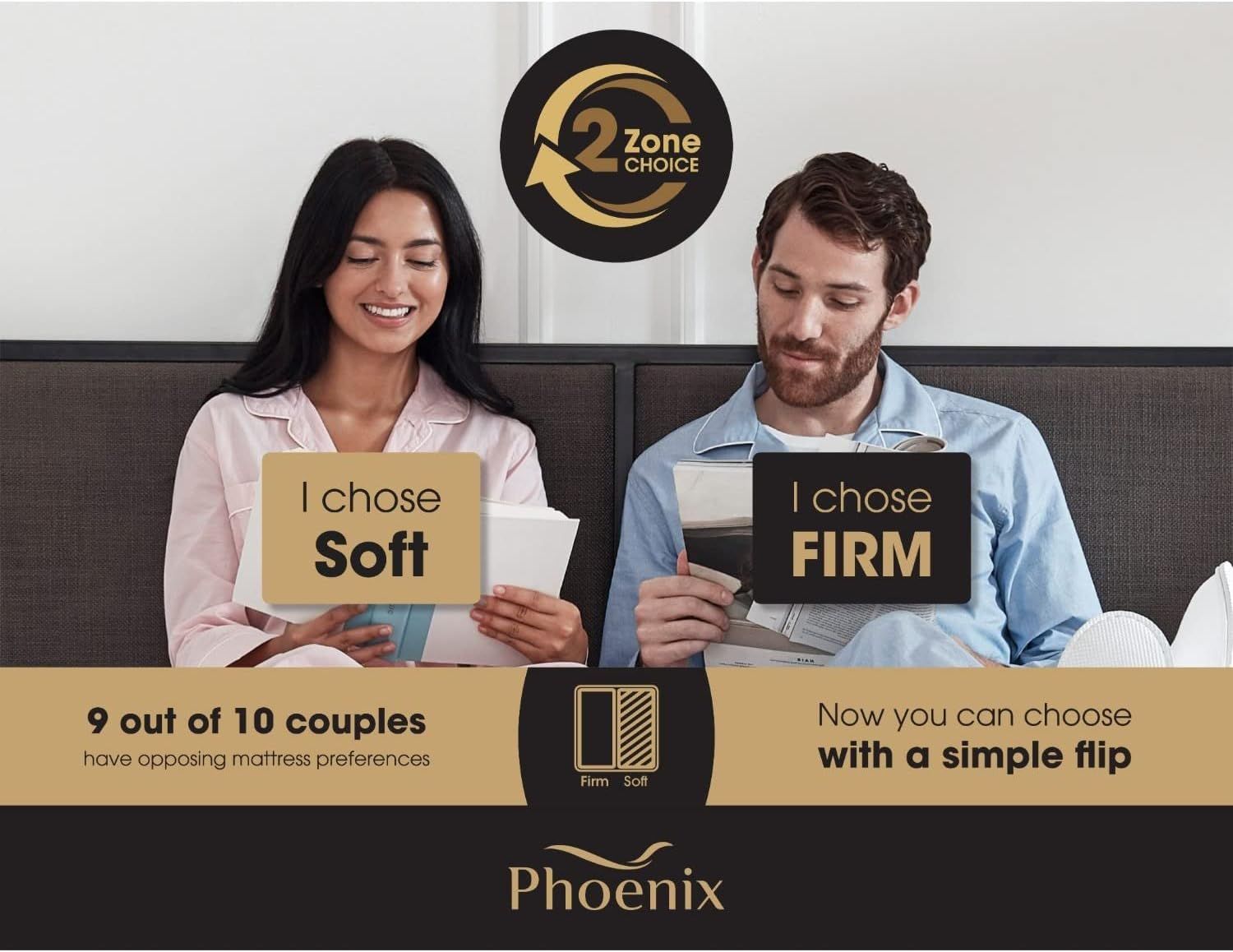 A man and a woman are sitting on a couch holding signs that say i choose soft and i choose firm.