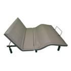 A gray adjustable bed frame with wheels on a white background