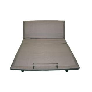 A gray adjustable bed frame with wheels on a white background