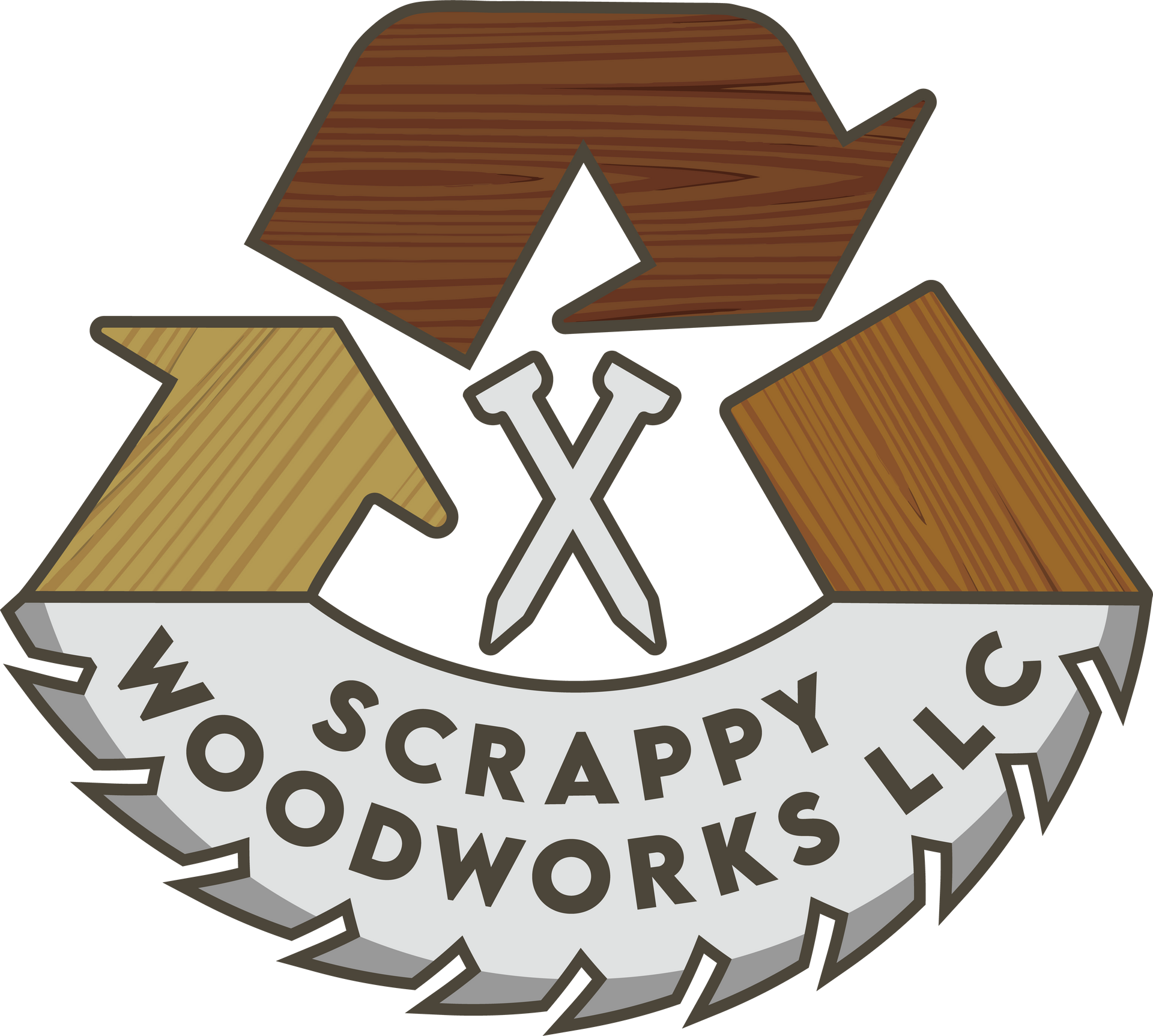 Logo for Scrappy Woodworks LLC featuring a recycling symbol of wood and saw blades.