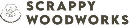 Logo for Scrappy Woodworks, featuring text and a recycling symbol made of wood.