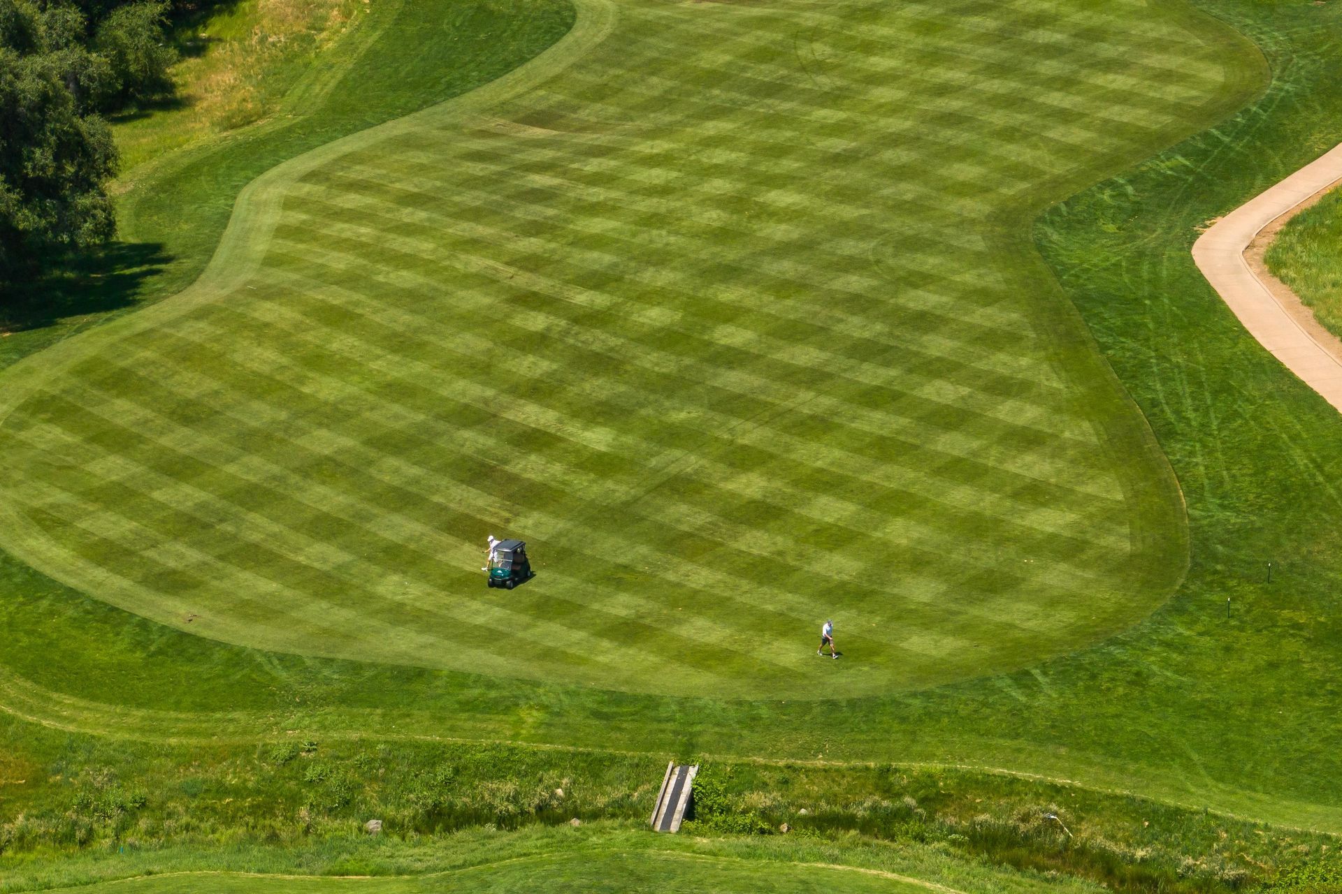 An aerial view of a golf course with a golf ball on the green.