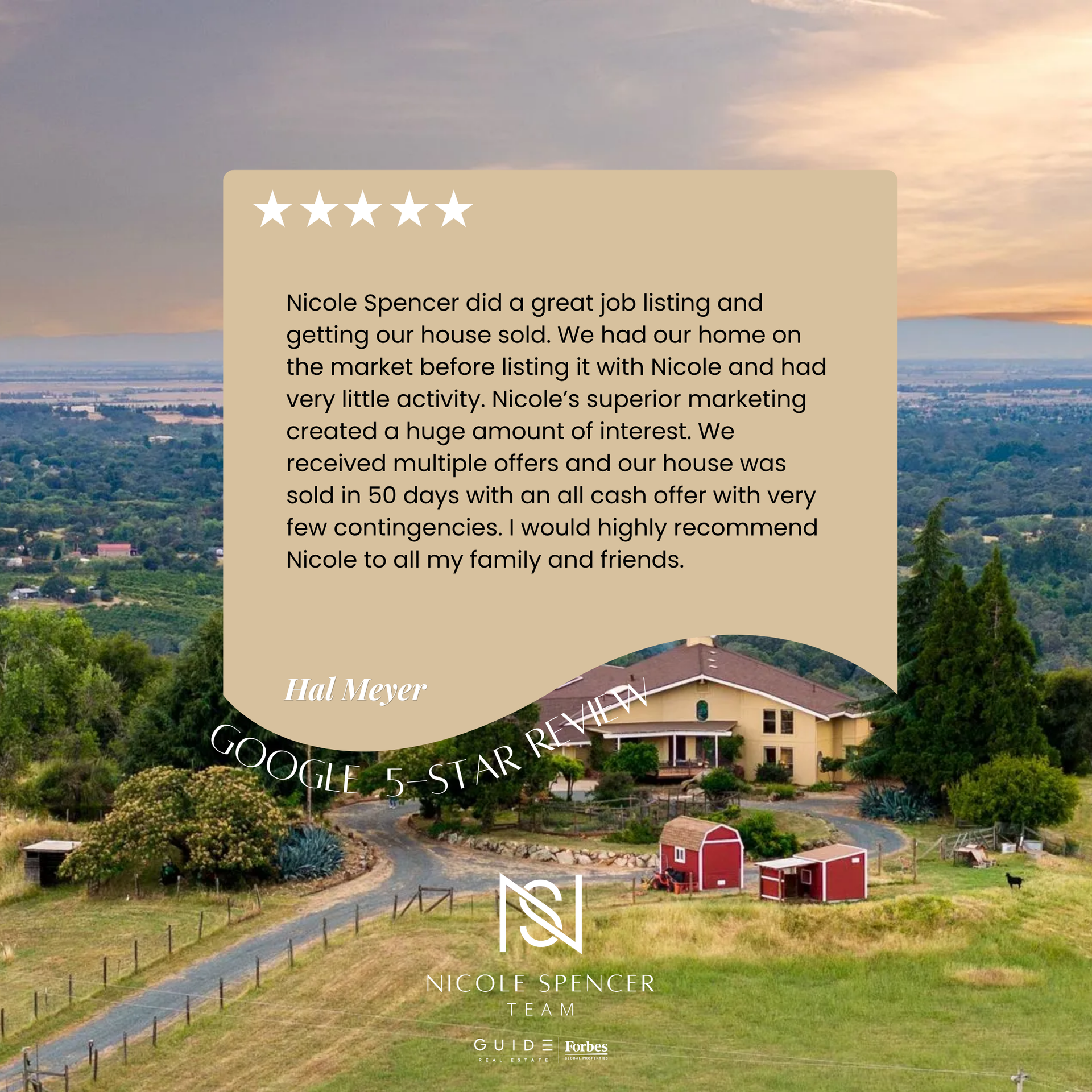 A five-star Google review for Nicole Spencer - GUIDE Real Estate praising her superior marketing strategy.