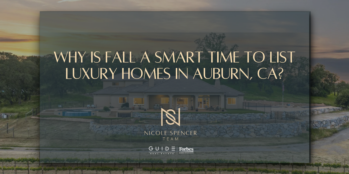 Sunset exterior of a luxury home in Auburn, CA, with a headline about selling homes in the fall.