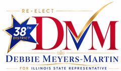 Campaign logo for Debbie Meyers-Martin, 38th District DMM, re-elect, for Illinois State Representative
