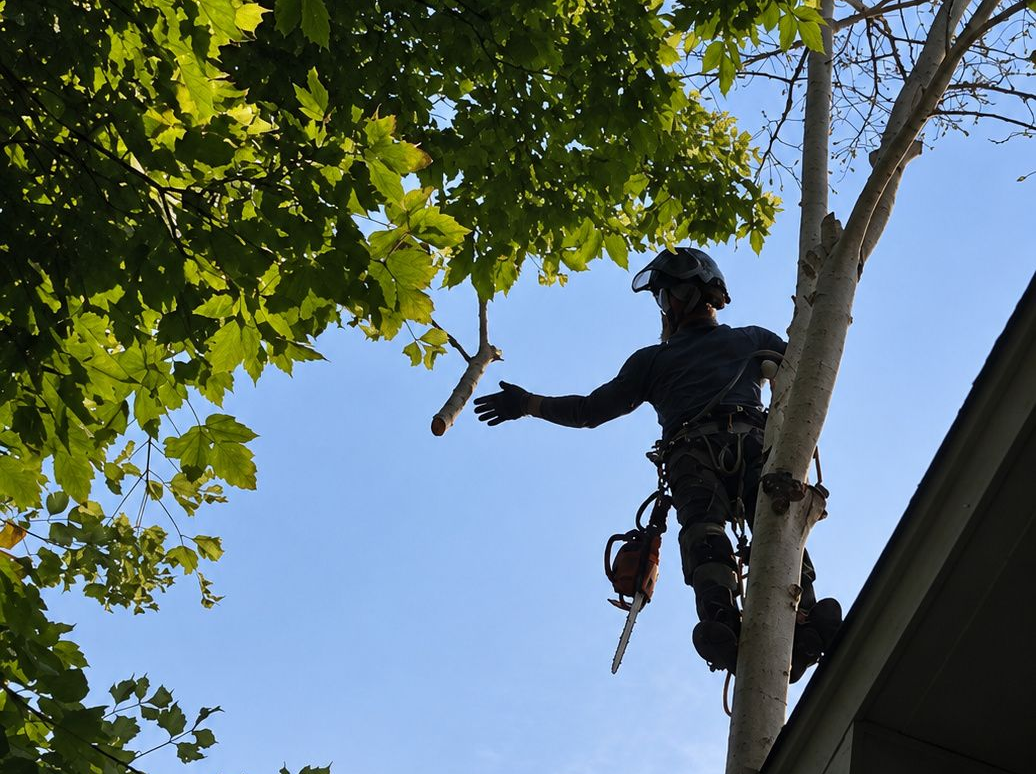 Arborist in safety gear trimming a tree beside a roof under a blue sky