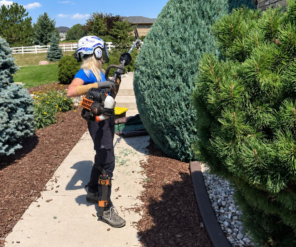 Person in safety gear using a hedge trimmer beside a large green shrub in a landscaped yard