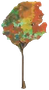 Stylized autumn tree with orange, green, and yellow leaves on a slender brown trunk