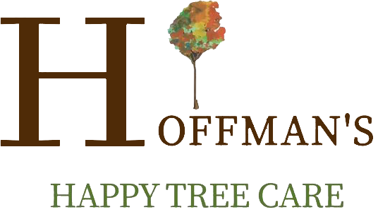 Hoffman's Happy Tree Care logo with brown lettering and a stylized tree replacing the