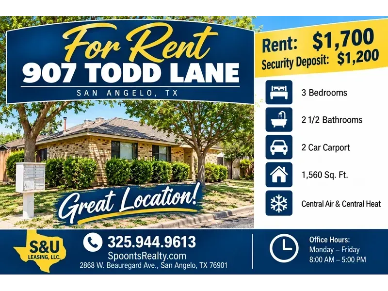 For Rent sign for 907 Todd Lane, San Angelo, TX, with house photo and details: $1,700, 3 beds, 2.5 baths.