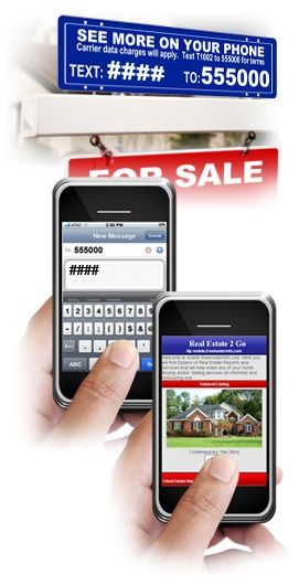 Real estate sign with smartphone showing a home listing and text message to view more details