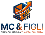 Logo dell'azienda di traslochi MC & FIGLI nei colori blu, arancione e bianco, con una casa, un camion e una freccia rivolta verso l'alto.
