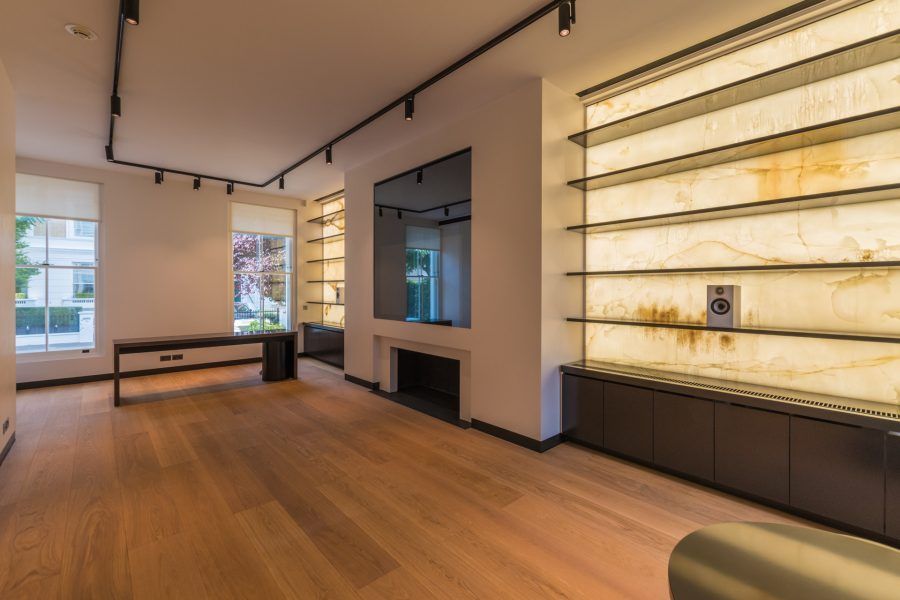 Open plan lounge at Private Residence in Kensington finished with Bespoke Oil flooring