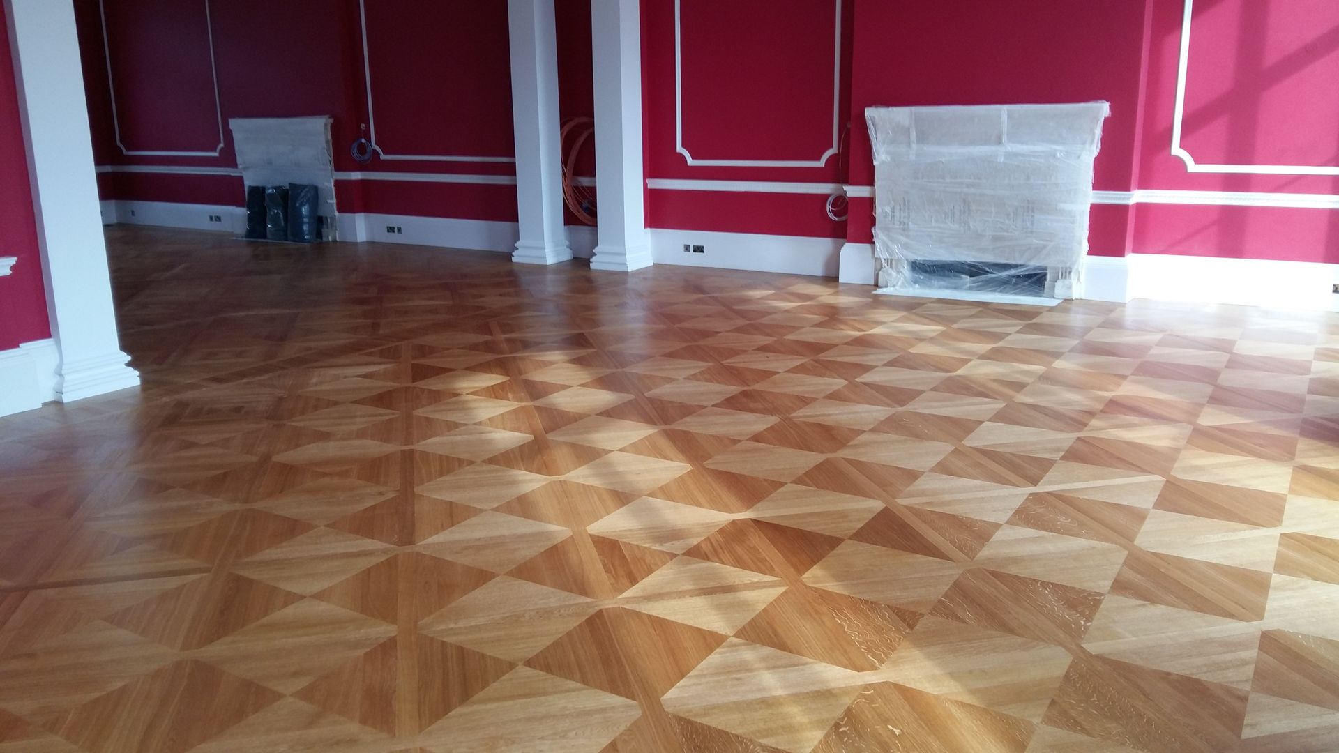 Wide shot of Chequered Prime Grade Panelled Oak Flooring in Main Hall of German Embassy