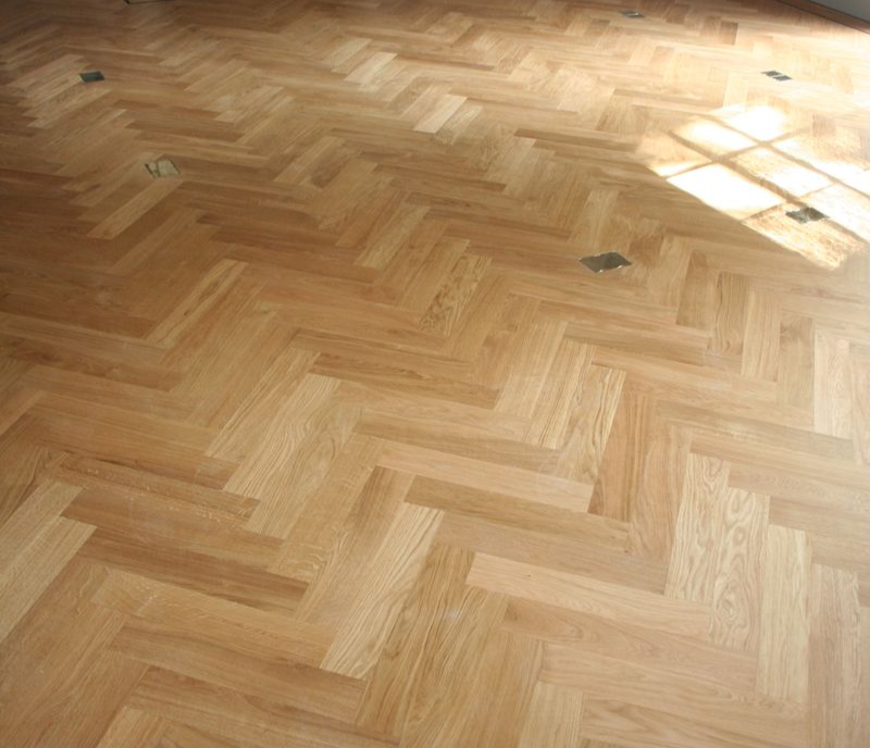 Oak Parquet hardwood floor, light brown, angled, with sunlight.