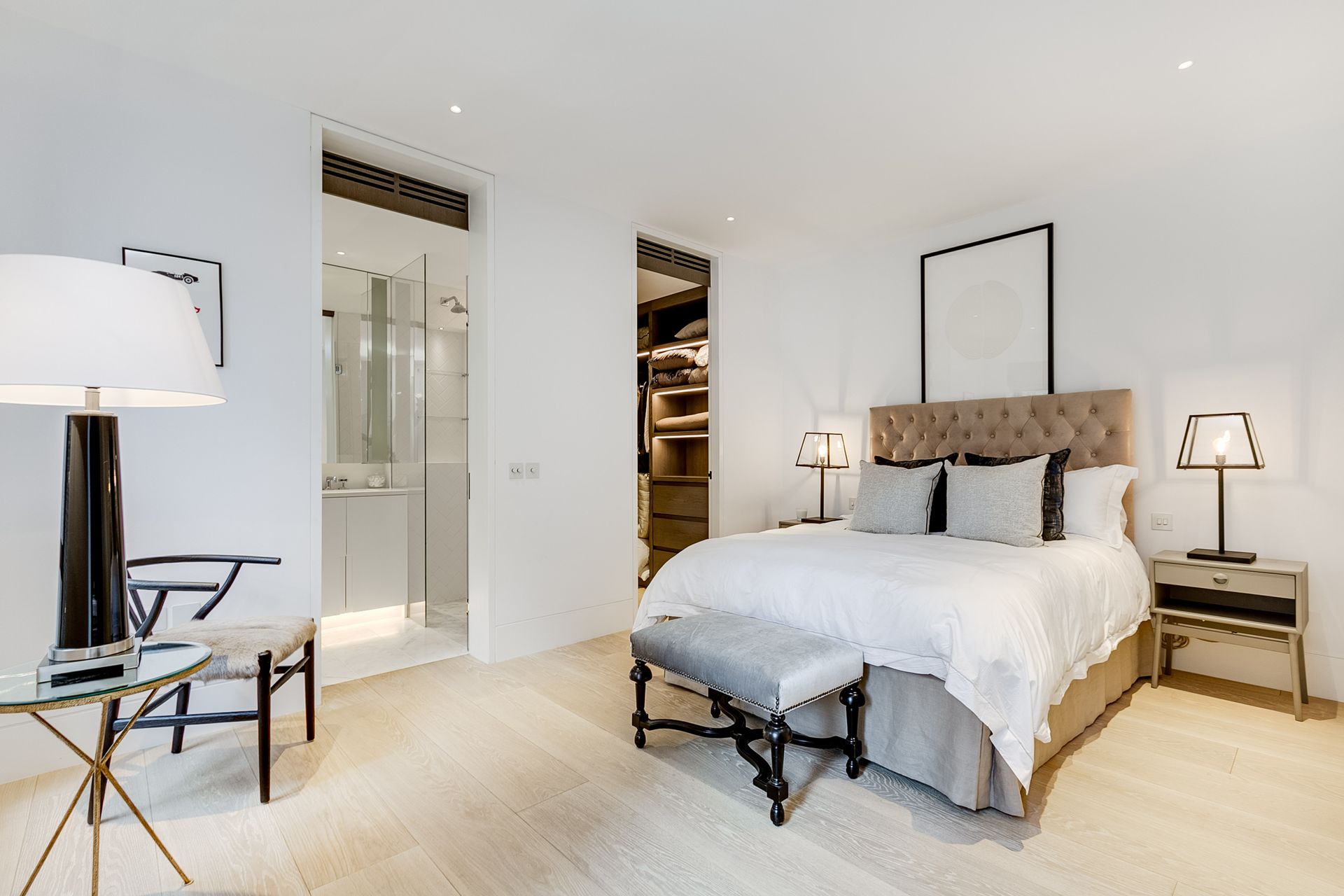 Bedroom with Brushed and Bespoke Coloured Oil flooring fitted at Westbourne Lofts