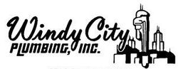 A black and white logo for windy city plumbing inc.