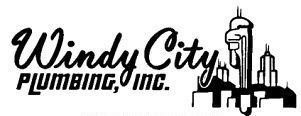 A black and white logo for windy city plumbing inc.