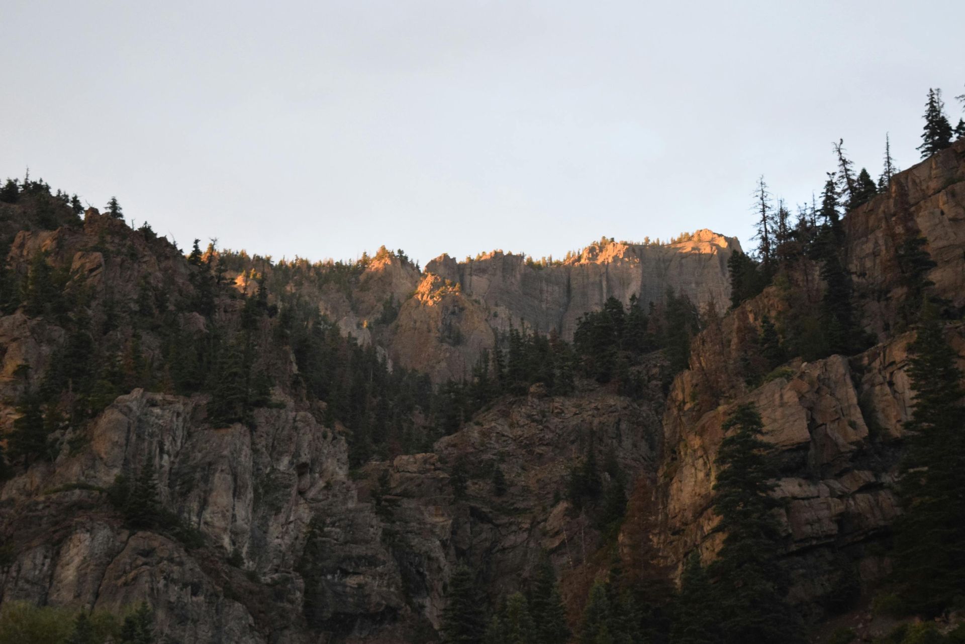 A mountain covered in trees and rocks with the sun shining on it