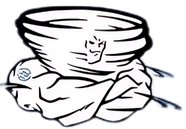 A black and white drawing of a tornado with a face on it.