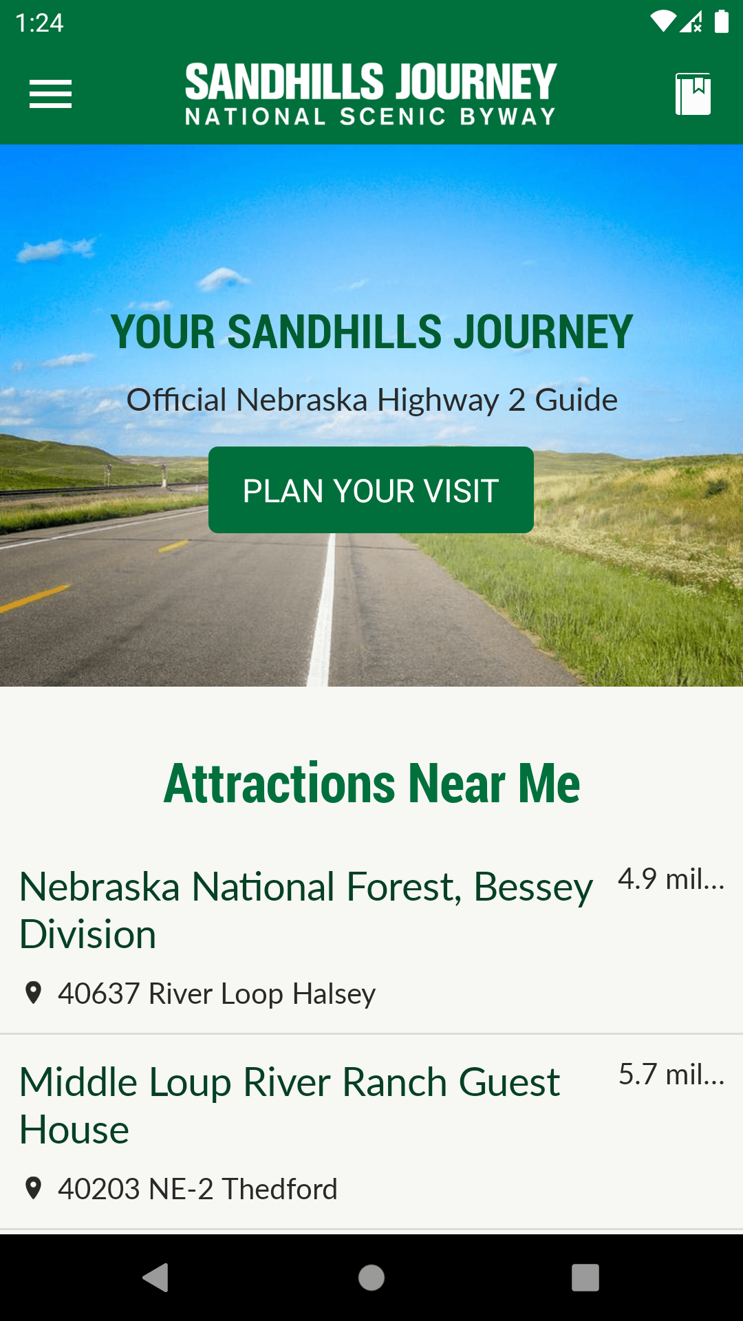 A screenshot of the Sandhills Journey app on a cell phone.