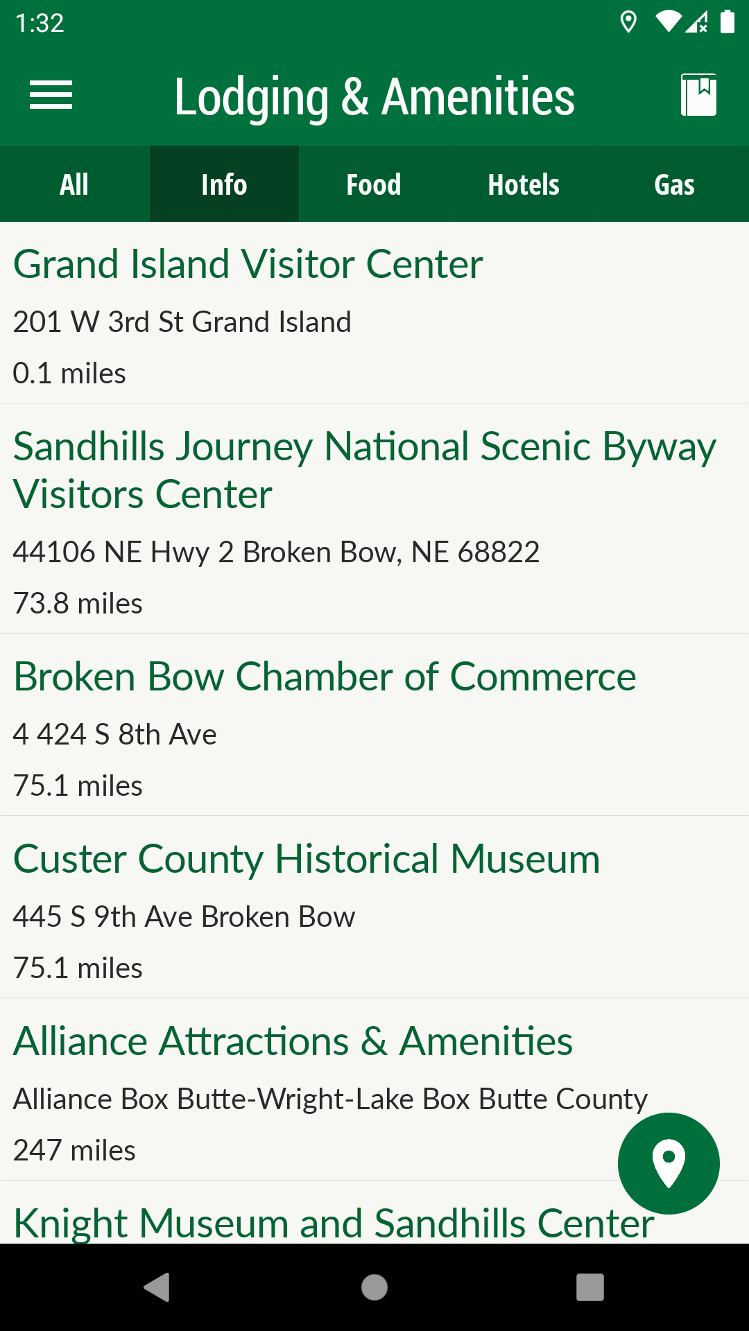 A screenshot of a lodging and amenities app on a cell phone.