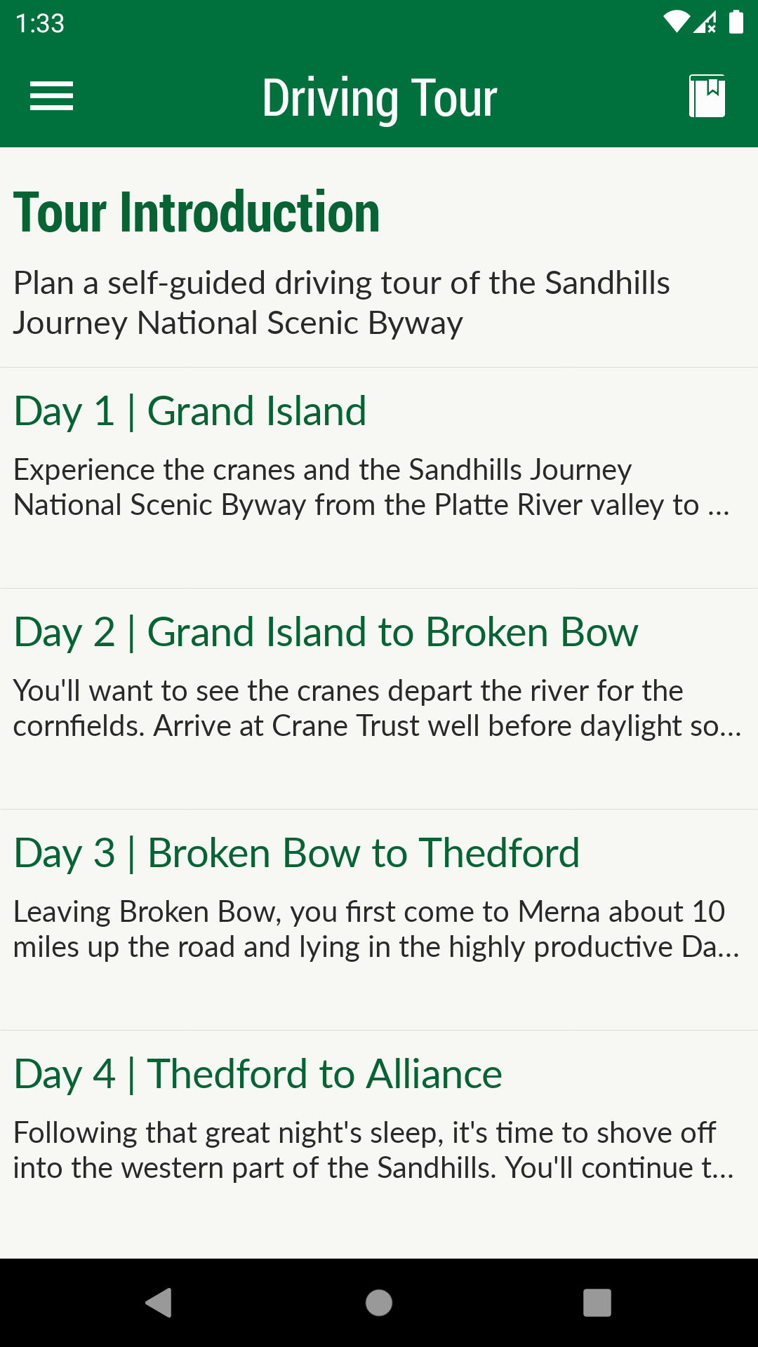 A screenshot of a driving tour app on a cell phone.