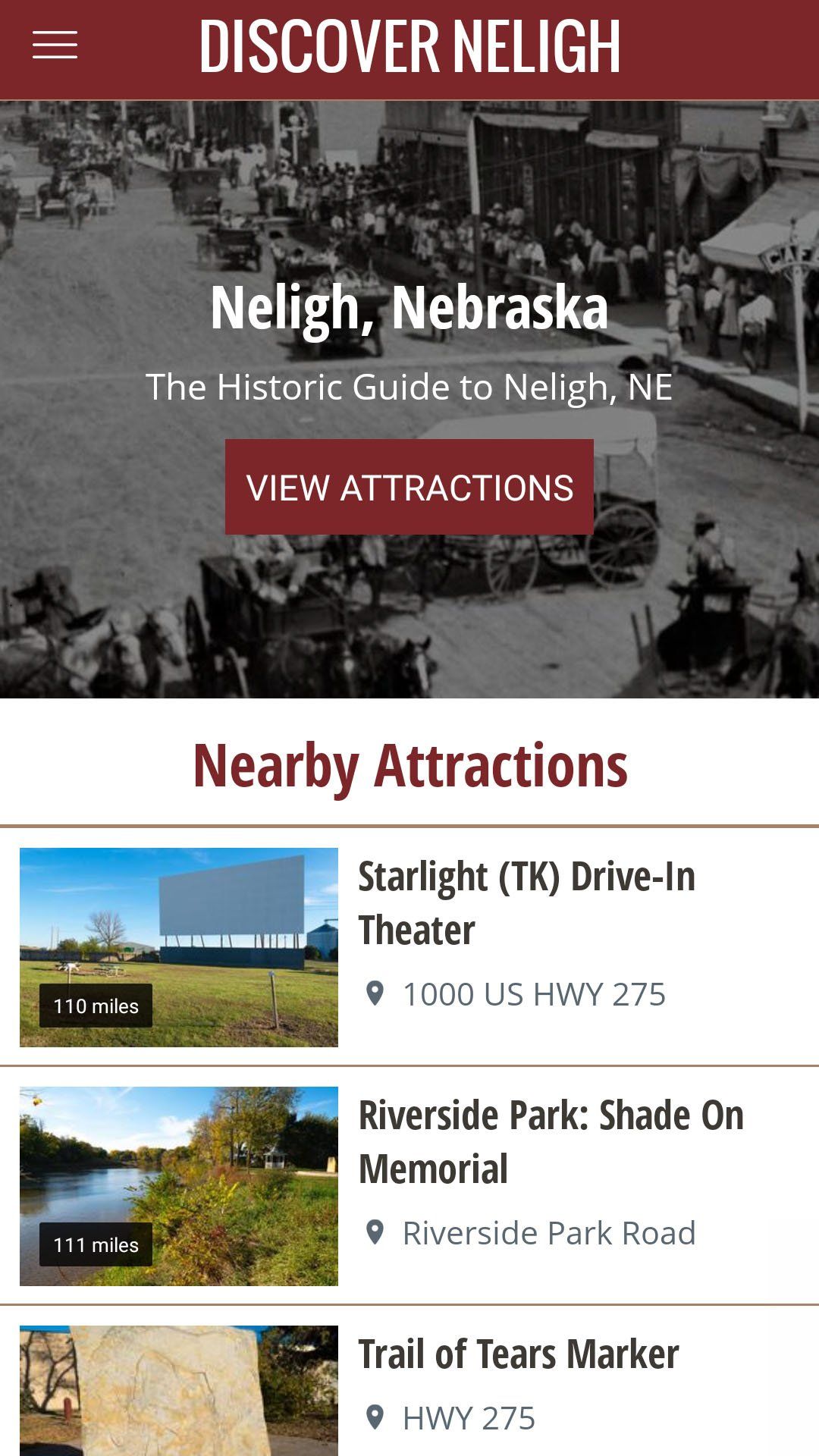 A screenshot of a website showing nearby attractions in Neligh, Nebraska.