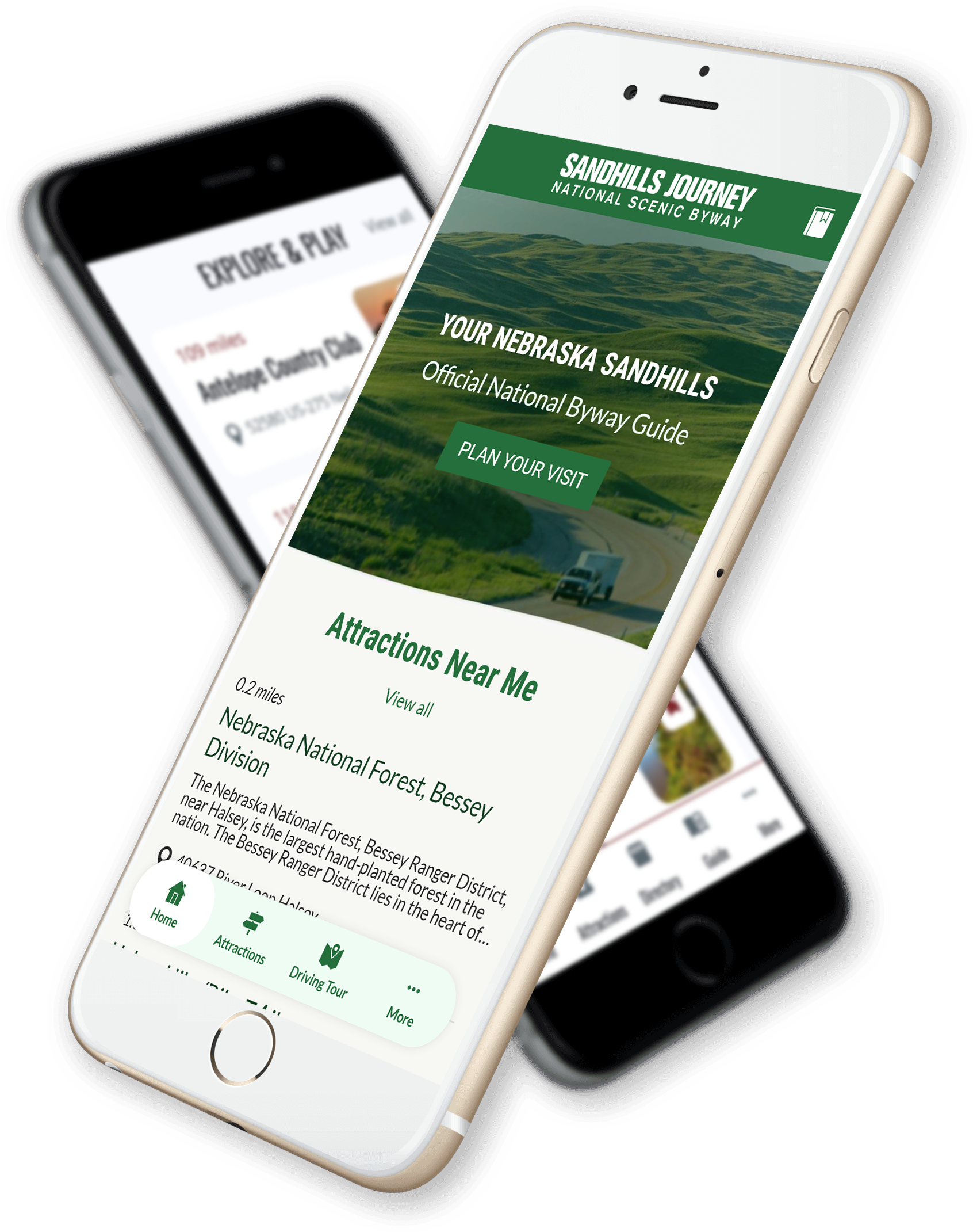 Two smartphones are arranged diagonally, displaying a custom mobile app interface for the Sandhills Journey .