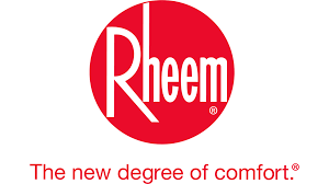 The rheem logo is red and white and says the new degree of comfort.