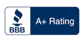 A blue and white sign that says bbb a + rating