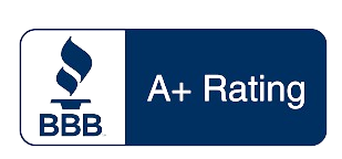 A blue and white sign that says bbb a + rating