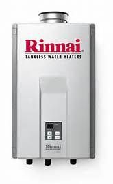 A rinnai tankless water heater is shown on a white background.