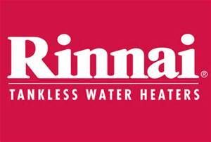 The logo for rinnai tankless water heaters is on a red background.