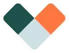 Drie overlappende ruitvormen in donkergroen, lichtgrijs en oranje vormen samen een gestileerd logo.