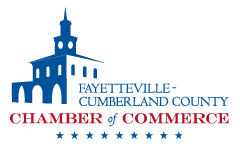 Blue and white building logo for Fayetteville-Cumberland County Chamber of Commerce; red text.