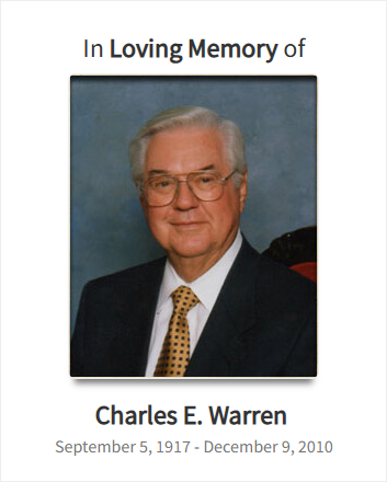 Memorial for Charles E. Warren, includes his photo and birth/death dates.
