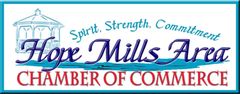 Logo for Hope Mills Area Chamber of Commerce with a gazebo, text in blue and red on a light blue background.