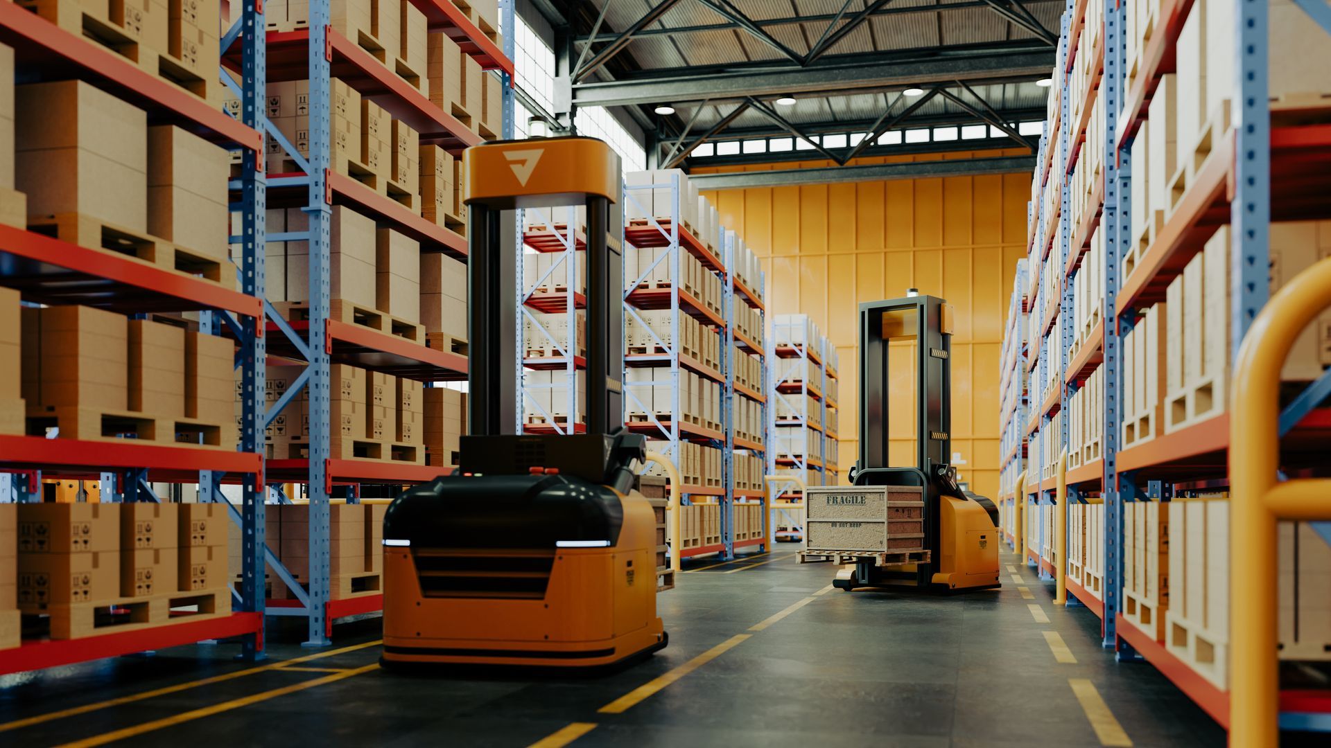 Autonomous forklifts operating between warehouse shelves stocked with boxed inventory. Autonomous forklifts operating between warehouse shelves stocked with boxed inventory.