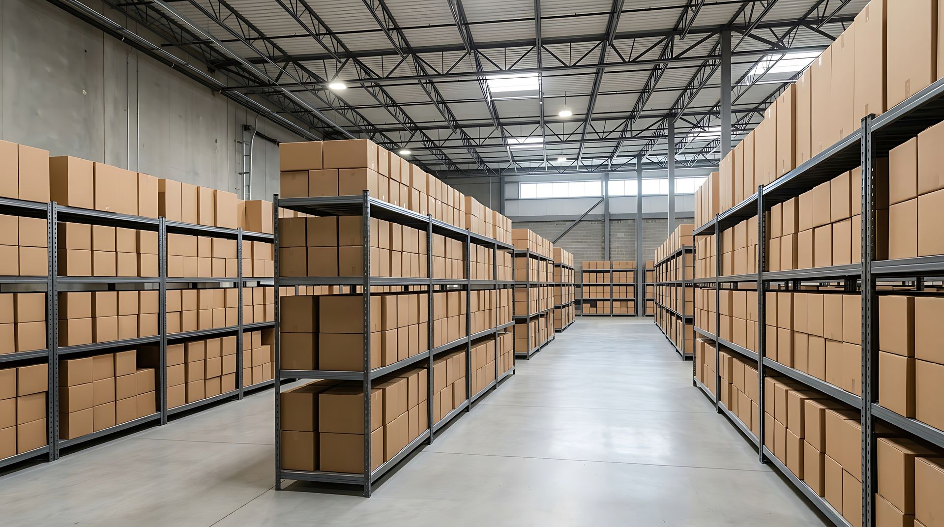 Warehouse shelving aisle stocked with boxes, reflecting organized warehousing services storage. Warehouse shelving aisle stocked with boxes, reflecting organized warehousing services storage.