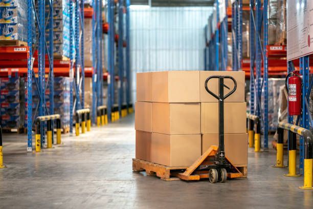 Warehouse aisle with stacked boxes on a pallet jack between tall blue and red storage racks