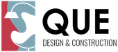 QUE Design & Construction logo with black text and a teal-and-white abstract icon