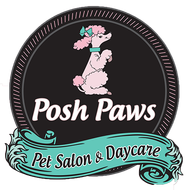 Logo for Posh Paws Pet Salon & Daycare, featuring a pink poodle with a teal bow on a black circle, with a teal banner.