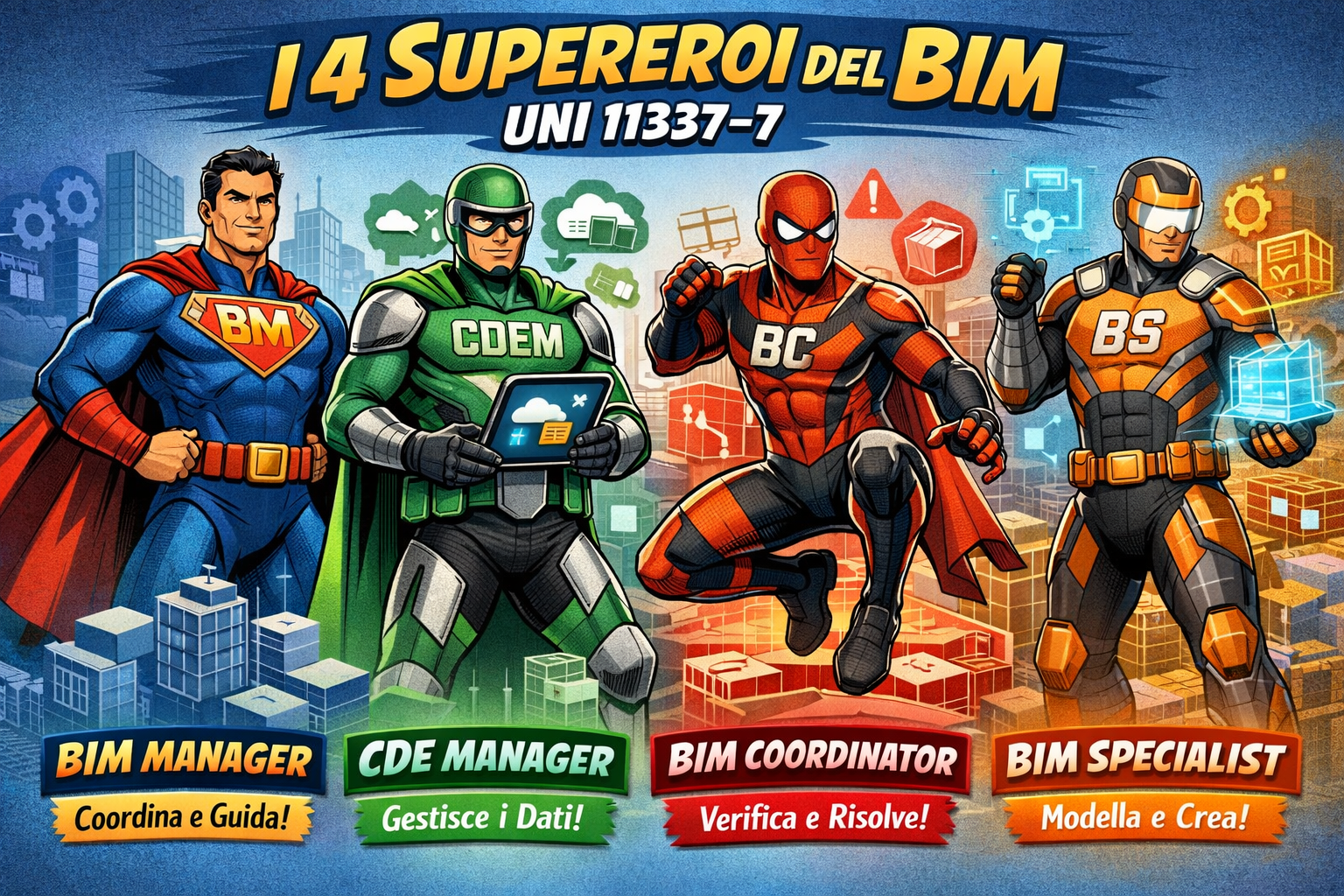 Super Eroi del BIM, BIM Specialist, BIM Coordinator, CDE Manager, BIM Manager, UNI11337/7, SGBIM UNI