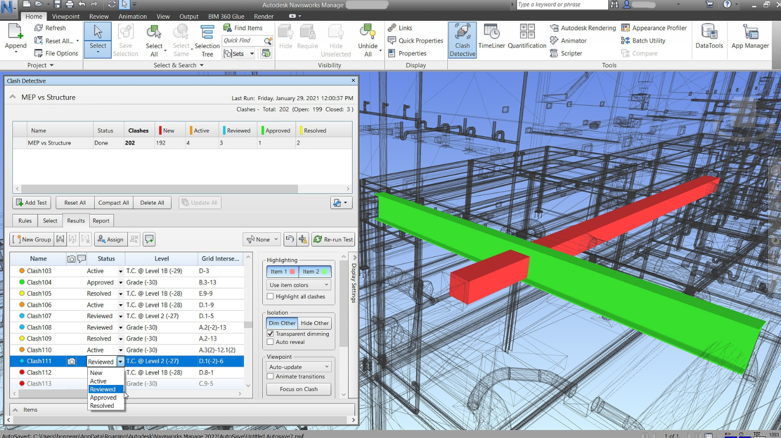 Stati di Classificazioni Scontri Navisworks