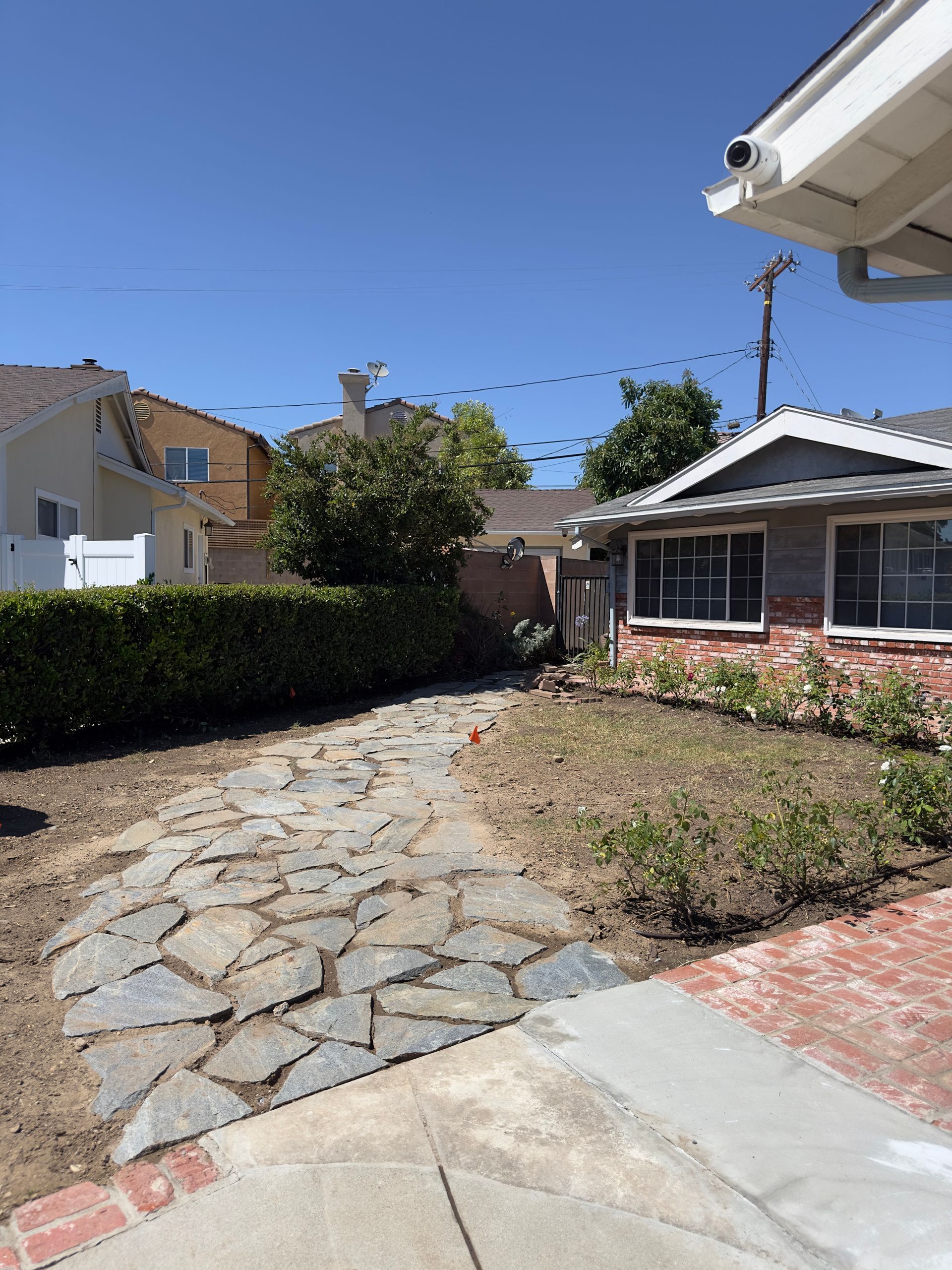 Sunny backyard with stone path, hedges, and a small house under a clear blue sky