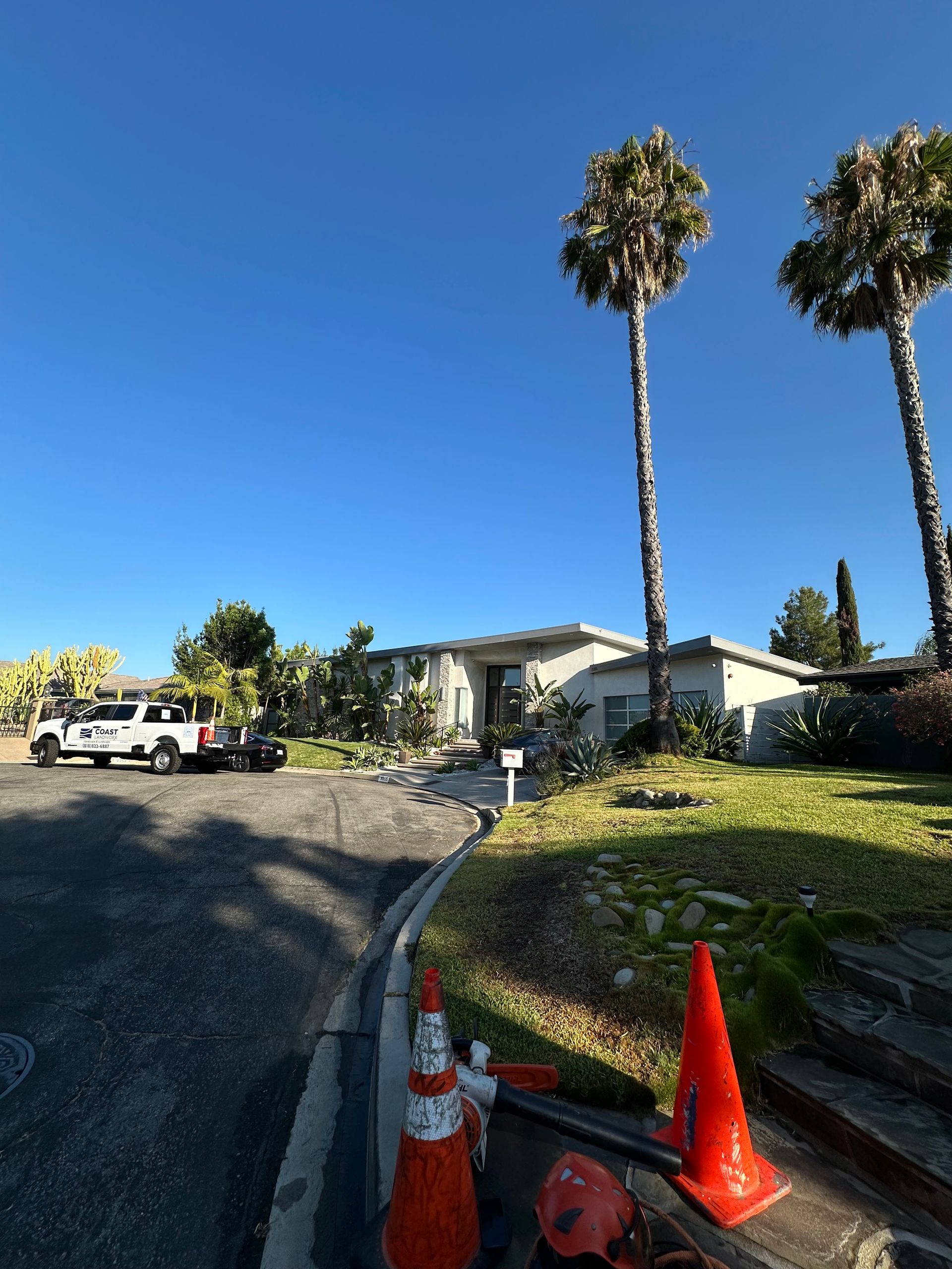 House with tall palm trees, parked truck, and orange traffic cones along a sloped driveway under a clear blue sky